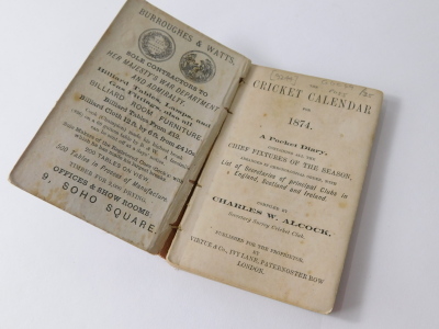 Alcock (Charles W.) THE CRICKET CALANDER 1874 publisher's cloth boards, 12mo, for Surrey County Cricket Club, 1874 - 4