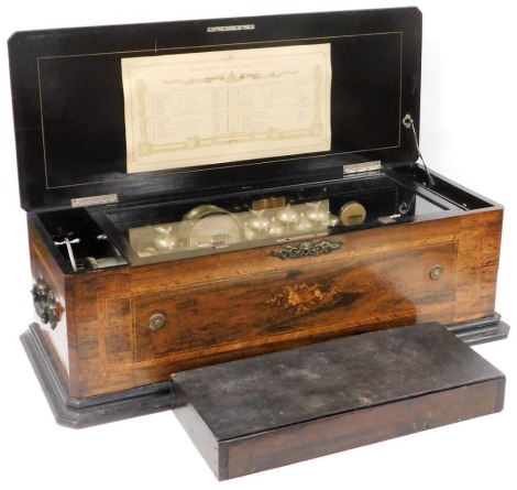 A late 19thC Swiss Grand Format Piano Forte thirty two airs musical box, for J W Benson, Watch & Clock Manufacturer, Ludgate Hill, EC, playing on four cylinders with one hundred and eight combs in four sections, an arrangement of eight bells, and two grad