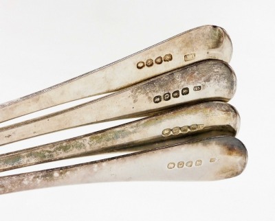 A harlequin set of eight Georgian silver Old English pattern table spoons, each handle with engraved initials, London 1757, 1804 and 1811, 15¾oz. - 3