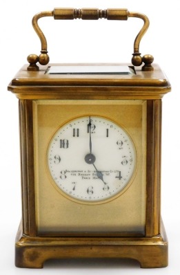 A late 19thC French brass carriage clock, for The Goldsmiths & Silversmiths Company Ltd, with a circular Arabic numeral dial with blue hour and minute hand, stamped Goldsmiths & Silversmiths Company Ltd 112 Regent Street W, Paris make, in a five part glaz - 2