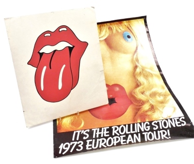 The Rolling Stones 1973 European Tour poster, designed by John Pasche and photographed by David Thorpe, 81cm x 59cm, and a Stones lip print mounted on card, 45cm x 38cm. (both AF)