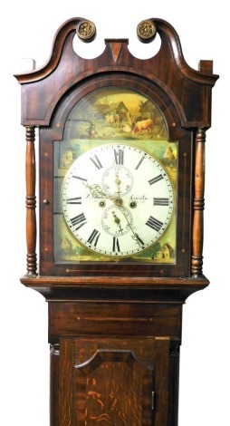 A Georgian mahogany and oak longcase clock by F Johnson of Lincoln, the break arch dial painted with a farmyard and pastoral scene, circular dial bearing Roman numerals, subsidiary seconds and date dials, eight day two train movement with bell strike, the