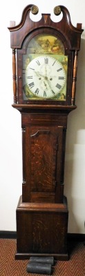 A Georgian mahogany and oak longcase clock by F Johnson of Lincoln, the break arch dial painted with a farmyard and pastoral scene, circular dial bearing Roman numerals, subsidiary seconds and date dials, eight day two train movement with bell strike, the - 2