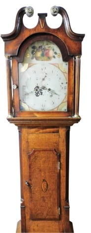 A 19thC oak and mahogany country longcase clock, the break arch dial painted with a basket of fruit and bearing Arabic numerals, subsidiary seconds dial, eight day movement with bell strike, the hood with swan neck pediment, and brass capped columns, the 