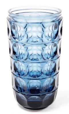 A mid 20thC Wilhelm Wagenfeld blue glass vase, model number 84.01, designed for the Vereinigte Lausitzer Glaswerke (VLG) 1937, produced post WWII by the Oberlausitzer Glaswerke, Weisswasser (OLG), with five bands of repeating circular decoration, 22cm hig