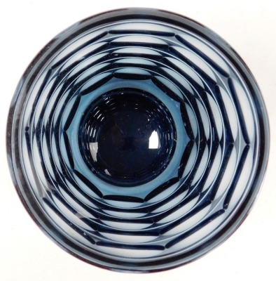 A mid 20thC Wilhelm Wagenfeld blue glass vase, model number 84.01, designed for the Vereinigte Lausitzer Glaswerke (VLG) 1937, produced post WWII by the Oberlausitzer Glaswerke, Weisswasser (OLG), with five bands of repeating circular decoration, 22cm hig - 2