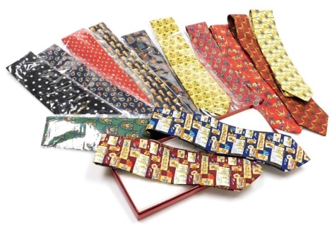 Thirteen Salvatore Ferragamo silk ties, of varying designs to include elephants, rabbits, polka dot, jockeys, sailing boats, etc., one boxed.