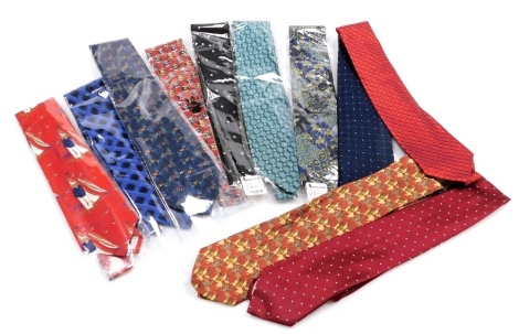 Eleven Aquascutum silk ties, of varying designs and colours, to include polka dot, horses, horse and jockey, etc.