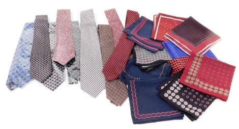 Nine Stephano Ricci silk ties, of varying colours and designs, and ten silk handkerchiefs.