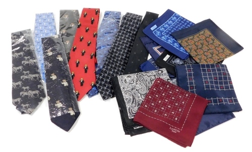 A group of silk ties and handkerchiefs, comprising four Lanvin ties, seven Lanvin handkerchiefs, four Ralph Lauren ties, a Givenchy handkerchief and a Hermes handkerchief.