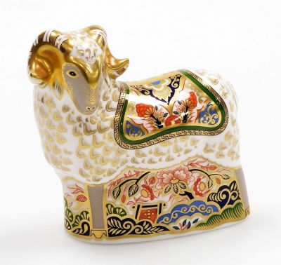 A Royal Crown Derby porcelain Imari Ram paperweight, exclusively produced for the Royal Crown Derby Visitor's Centre, gold stopper and gold printed marks, 10cm high, boxed with certificate. - 2