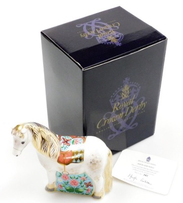 A Royal Crown Derby porcelain Shetland Pony paperweight, produced exclusively for The Royal Crown Derby Visitor's Centre, designed by Jane James, limited edition no.342/450, with gold stopper and red printed marks, 16cm high, boxed with certificate.