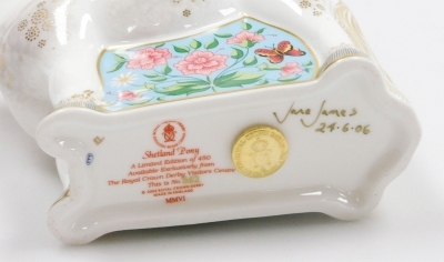 A Royal Crown Derby porcelain Shetland Pony paperweight, produced exclusively for The Royal Crown Derby Visitor's Centre, designed by Jane James, limited edition no.342/450, with gold stopper and red printed marks, 16cm high, boxed with certificate. - 4