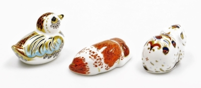 A group of Royal Crown Derby porcelain paperweights, comprising Collector's Guild Duckling, gold stopper, 8cm wide, puppy, an exclusive for The Royal Crown Derby Collectors Guild, gold stopper, 9cm wide, and Bank Vole, produced exclusively for The Royal C - 3