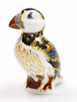 A Royal Crown Derby porcelain Puffin paperweight, gold stopper and red printed marks, 12cm high, boxed. - 2