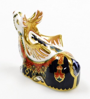 A Royal Crown Derby porcelain Reindeer paperweight, gold stopper and red printed marks, 15cm wide, boxed. - 3