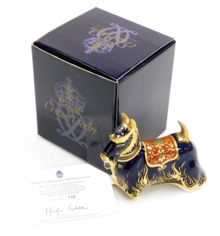 A Royal Crown Derby porcelain Scottish Terrier paperweight, commissioned by Sinclairs to celebrate The Royal Crown Derby event at Blair Atholl in May 2000, limited edition no. 192/500, gold stopper and red printed marks, 11cm high, boxed with certificate.