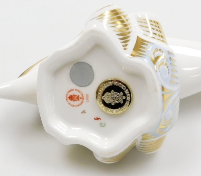 A Royal Crown Derby porcelain Dolphin paperweight, gold stopper and red printed marks, 17cm wide, boxed. - 4