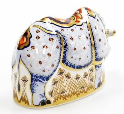 A Royal Crown Derby porcelain White Rhino paperweight, specially commissioned by Sinclairs, signed to base by C Sinclair and Louise Adams, limited edition no. 529/1000, gold stopper and red printed marks, 13cm high, boxed with certificate. - 3