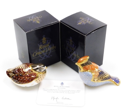 A Royal Crown Derby porcelain Dappled Quail paperweight, with gold stopper and red printed marks, 10cm wide, boxed, and a Wax Wing, commissioned by Sinclairs Ltd to the twelve month period from 1st April 2006 to 31st March 2007, silver stopper and red pri