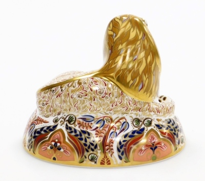 A Royal Crown Derby porcelain Lion paperweight, gold stopper and red printed marks, 16cm high, boxed. - 3