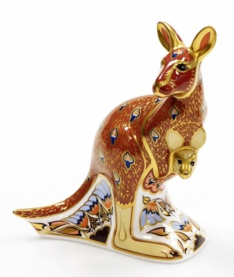 A Royal Crown Derby porcelain Kangaroo paperweight, part of The Australian Collection and one of a signature edition limited to availability until the end of 2000, gold stopper and gold printed marks, 15cm high, boxed. - 2