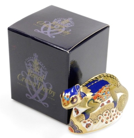 A Royal Crown Derby porcelain Chameleon paperweight, gold stopper and red printed marks, 9cm high, boxed with certificate.