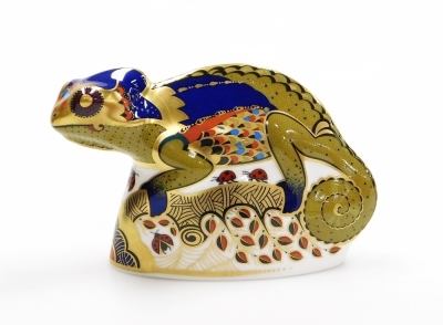 A Royal Crown Derby porcelain Chameleon paperweight, gold stopper and red printed marks, 9cm high, boxed with certificate. - 2