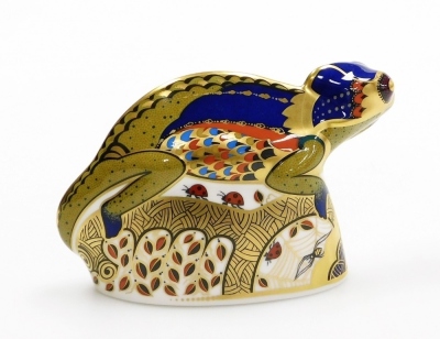 A Royal Crown Derby porcelain Chameleon paperweight, gold stopper and red printed marks, 9cm high, boxed with certificate. - 3