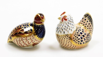 Two Royal Crown Derby porcelain paperweights, comprising Chicken, gold stopper and red printed marks, 8cm high, and Partridge, limited edition no. 285/4500, gold stopper and red printed marks, 7cm high, both boxed, partridge with certificate. (2) - 2