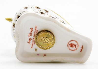 A Royal Crown Derby porcelain Song Thrush paperweight, gold stopper and red printed marks, 11cm high, boxed. - 4