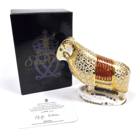 A Royal Crown Derby porcelain The Ram of Colchis paperweight, specially commissioned by Connaught House, limited edition no. 191/750, gold stopper and gold printed marks, 14cm high, boxed with certificate.