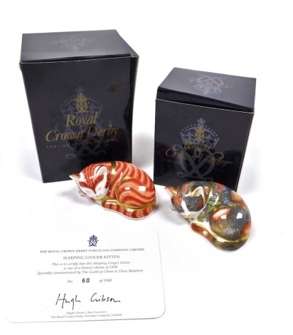 Two Royal Crown Derby porcelain kitten paperweights, comprising Sleeping Ginger Kitten, commissioned by The Guild of China and Glass Retailers, limited edition no.60/1500, gold stopper and red printed marks, 8cm wide, boxed with certificate, and Cat Nip K