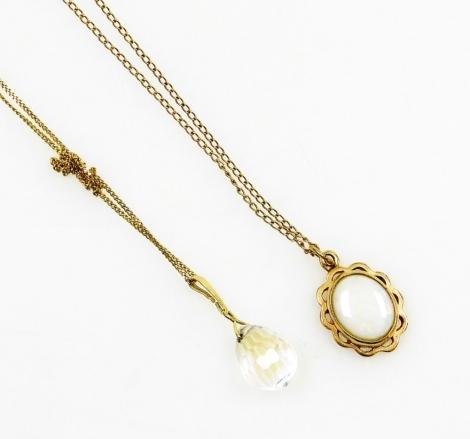 Two 9ct gold pendants and chains, comprising a cluster pendant set with oval opal, 1.5cm high, on a fine link neck chain, 36cm long, together with another crystal drop pendant on fine link chain (AF), 4.5g all in.