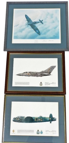 After Michael Swanson. Evening Flight, print, signed in pencil by Spitfire M.K. IX, Wing Commander J.E. "Johnnie Johnson", 32cm x 44cm, and two further prints of a Tornado F.2 and a Lancaster 1. (3)