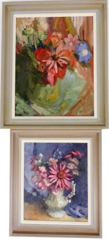 J. Bennett (20thC School). Floral still life, oil on board, signed, 43cm x 35cm, and Banbury, floral still life, oil on board, signed, 57cm x 44cm.