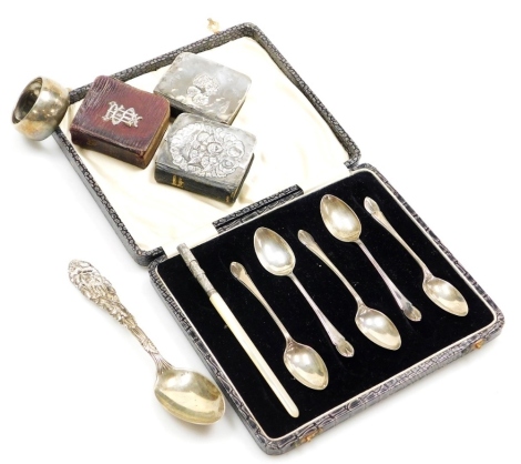 A group of small silver, to include five George V silver teaspoons, in a fitted box, one missing, Sheffield 1930, silver napkin ring, three miniature prayer and hymn books with silver covers, etc. (a quantity)