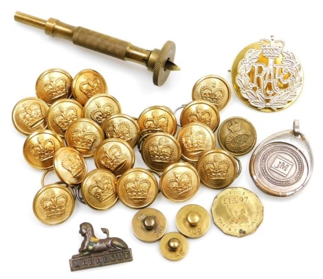 Military buttons, Dorset Regiment collar badge, RAF badge, trench art pen, etc. (a quantity)