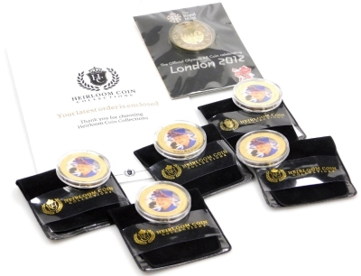 Five Heirloom Collection commemorative five pound coins, Queen Elizabeth II 90th Birthday photographic five pound, with certificates of authenticity, together with a London 2012 Royal Mint official Olympic five pound coin.