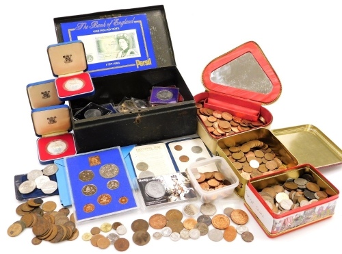 Silver and copper coinage, including George V florins, together with commemorative coins and bank notes, and foreign coinage. (a quantity)