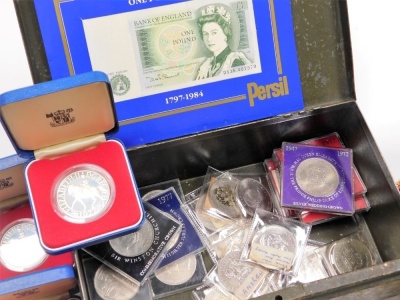 Silver and copper coinage, including George V florins, together with commemorative coins and bank notes, and foreign coinage. (a quantity) - 4