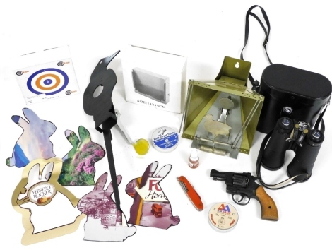 A group of shooting related items, to include a pair of Chino binoculars, various targets to include a metal bird target, various pellets, grey target, etc. (a quantity)