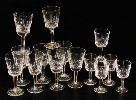 A set of nine Waterford Lismore wine glasses, 14cm high, and five Lismore sherry glasses, 11cm high, some marked Waterford.