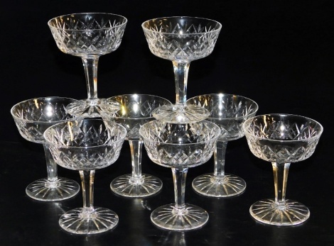 A set of eight Waterford Lismore champagne coupe glasses, 12cm high, some marked.