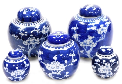 Five Chinese blue and white ginger jars and covers, decorated with prunus blossom against a cracked ice ground, the largest 14cmn high, the smallest 8cm high.