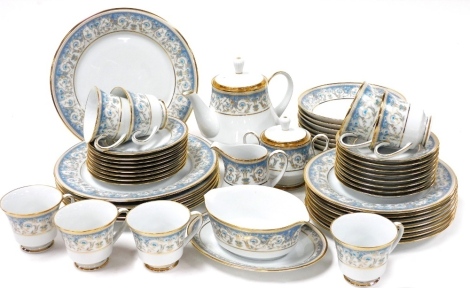 A Noritake Polonaise pattern porcelain part tea and dinner service, comprising teapot, two handled sugar bowl and cover, milk jug, eight teacups and saucers, six dinner plates, eight soup bowls, eight side plates and seven starter plates.