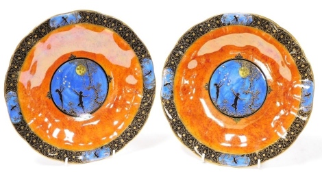 A pair of Carlton ware Moonlight Cameo lustre cabinet plates, against an orange and blue ground, printed marks, 23cm diameter.