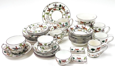 A group of Wedgwood and Coalport porcelain Hunting Scenes pattern tea, coffee and dinner wares, to include large teacup, nine bowls, sugar bowl, milk jug, three mugs, two handled jardiniere, etc. (1 tray)