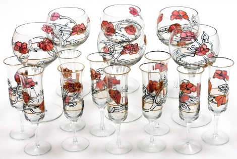 Six Murano glass goblets, decorated with pink and gilt highlighted flowers, 24.5cm high, and a set of ten matching flutes, 19cm high.