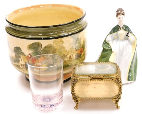 A Royal Doulton pottery jardiniere, the body decorated with cottage scenes, 18cm high, a Royal Doulton figurine of Premiere, HN2343, a glass and brass mounted jewellery casket, 12cm wide, and a clear glass goblet with beaded Millefiori decoration to base,